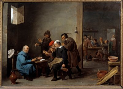 Der Mann mit dem weißen Hut, Gruppe von Männern, die in einer Gaststätte Pfeife rauchen von David Teniers the Younger