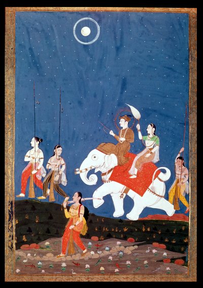 Ein indischer Prinz auf einem weißen Elefanten, Illustration des musikalischen Modus Deepak Raga, frühes 19. Jahrhundert von Deccani School