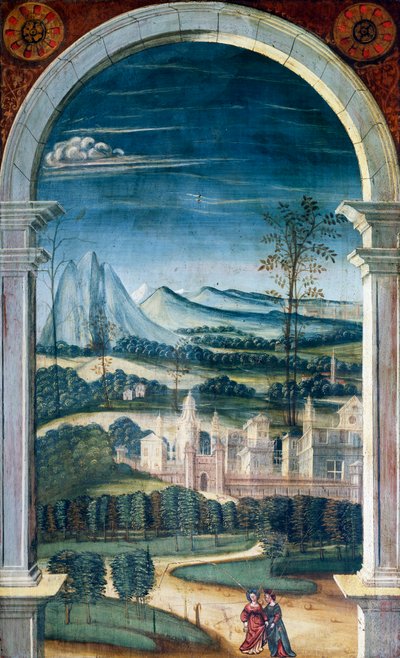 Perspektive, auf der Rückseite des Chorgestühls aus dem 16. Jahrhundert, Kirche des Heiligen Hieronymus, Biella, Italien von Defendente Ferrari