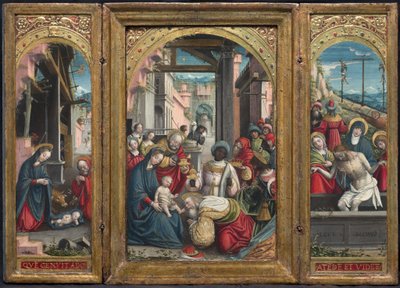 Triptychon mit der Geburt Christi in der Mitte, rechts die Anbetung der Könige, links die Grablegung Christi, 1523 von Defendente Ferrari