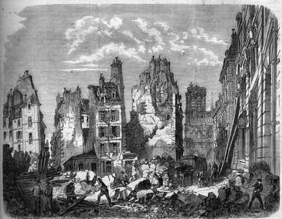 Transformationen von Paris unter dem Zweiten Kaiserreich, Haussmann-Paris. Zerstörung eines Teils der Île de la Cité zur Erweiterung des Hôtel-Dieu, Gravur nach einer Zeichnung von Delannoy Delannoy