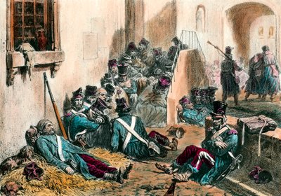 Typhus während der Napoleonischen Kriege. Soldaten der französischen Armee leiden an Fieber, verursacht durch die Krankheit. Gravur von Denis Auguste Raffet (1804-1860) 19. Jahrhundert von Denis Auguste Marie Raffet