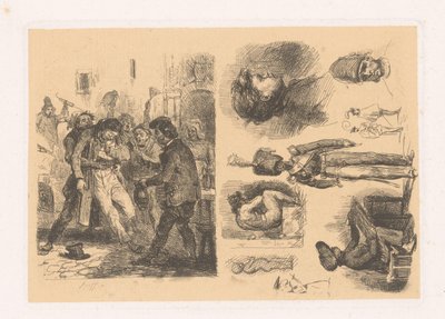 Gruppe von Männern, daneben eine Komposition mit unter anderem einem Soldaten von Denis Auguste Marie Raffet