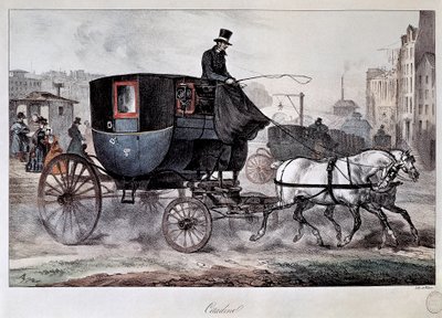 Öffentlicher Verkehr im 19. Jahrhundert: Eine Kutsche in den Straßen von Paris (farbige Gravur) von Denis Auguste Marie Raffet