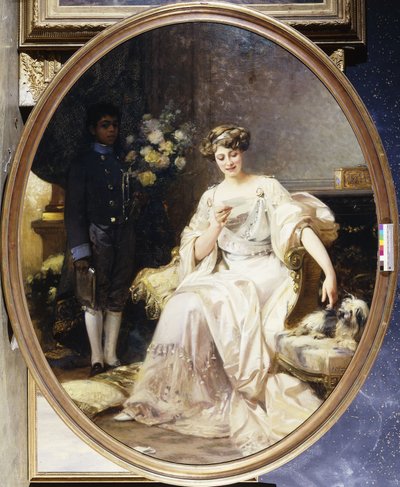 Porträt einer Dame, angeblich Anna de Noailles, sitzend mit einem Neger-Page in einem Innenraum von Denis Etcheverry