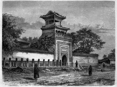 Moschee in Peking (Beijing) in den 1870er Jahren. Gravur nach einer Zeichnung von Deroy, in Le Tour du Monde, Nouveau journal des Voyages, herausgegeben von Edouard Charton, Paris von Deroy (after)