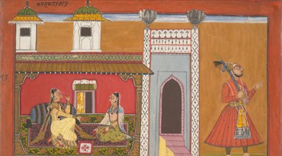 Eine Kurtisane und ihr Liebhaber, entfremdet durch einen Streit: Seite aus einer Rasamanjari-Serie, 1694-95 von Devidasa of Nurpur