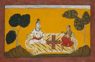 Shiva und Parvati spielen Chaupar: Folio aus einer Rasamanjari-Serie, datiert 1694-95 von Devidasa of Nurpur