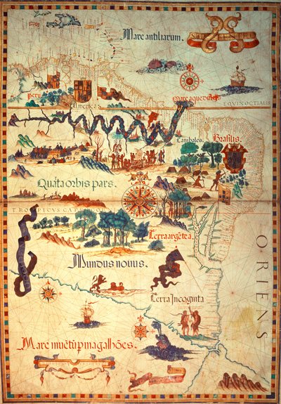 Atlas von Diego Homem von Südamerika, zeigt Indianer in ihren Siedlungen, spanisches Expeditionslager und Männer in Rüstungen, ca. 1558 von Diego Homem