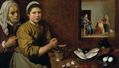 Küchenszene mit Christus im Haus von Martha und Maria, ca. 1618 von Diego Velázquez