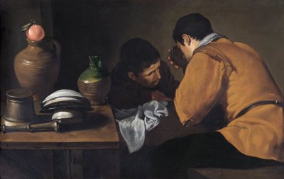 Zwei junge Männer essen an einem bescheidenen Tisch von Diego Velázquez