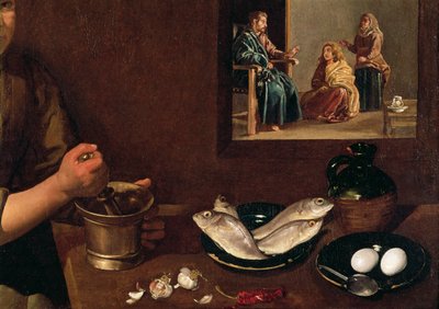 Küchenszene mit Christus im Haus von Martha und Maria (Detail von Essen auf dem Tisch mit Christus, Martha und Maria im Hintergrund) von Diego Velázquez