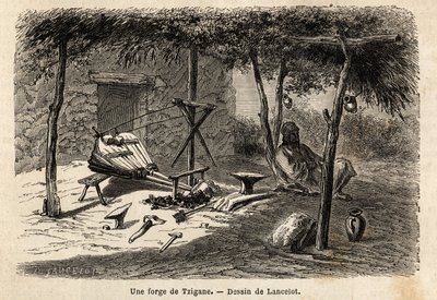 Eine Zigeunerschmiede in der Region Walachei, Rumänien. Gravur zur Illustration der Reise von Paris nach Bukarest, von Lancelot, Zeichner, 1860, veröffentlicht in „Le tour du monde, nouveau journal des voyages“, unter der Leitung von Edouard Charton von Dieudonne Auguste Lancelot