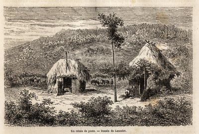 Ein Postrelais zwischen Bukarest und Pitesti. Gravur zur Illustration der Reise von Paris nach Bukarest (Rumänien), 1860, von Lancelot, Zeichner, in „Le tour du monde, nouveau journal des voyages“, veröffentlicht unter der Leitung von Edouard Charton von Dieudonne Auguste Lancelot