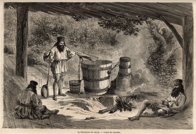 Die Herstellung von Rakiou, Getreidealkohol, eine Art Schnaps, der in Rumänien sehr verbreitet ist. Gravur zur Illustration der Reise von Paris nach Bukarest, von Lancelot, Zeichner, 1860, veröffentlicht in „Le tour du monde, nouveau journal des voyages“,  von Dieudonne Auguste Lancelot