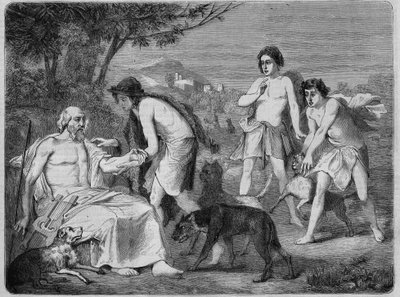 Homer auf der Insel Syros. Gravur von 1864, nach dem Gemälde von Maillard. von Diogene Ulysse Napoleon Maillart