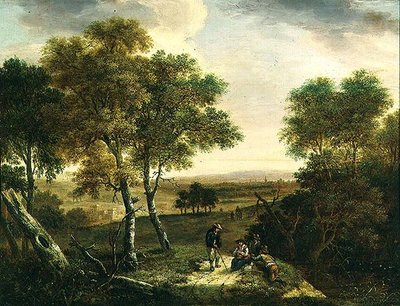 Eine ausgedehnte bewaldete Landschaft mit Bauern an einem Pfad, eine Stadt im Hintergrund von Dionys Verburgh