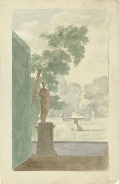 Entwurf für eine Wanddekoration in einer Halle: Blick auf einen Garten mit Statue, Brunnen und Urnen von Dionys van Nijmegen (possibly)