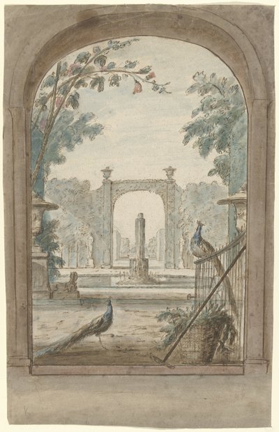 Entwurf für eine Raumdekoration mit Blick durch ein Tor auf einen Garten, Pfauen und Gartengeräte von Dionys van Nijmegen (possibly)