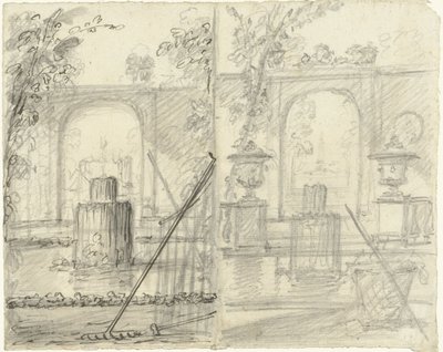 Zwei Entwürfe für eine Gartenansicht mit Brunnen und Gartengeräten im Vordergrund von Dionys van Nijmegen (possibly)