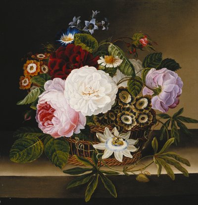 Rosen und andere Blumen in einem Korb auf einem Sims von Dionys van Nijmegen