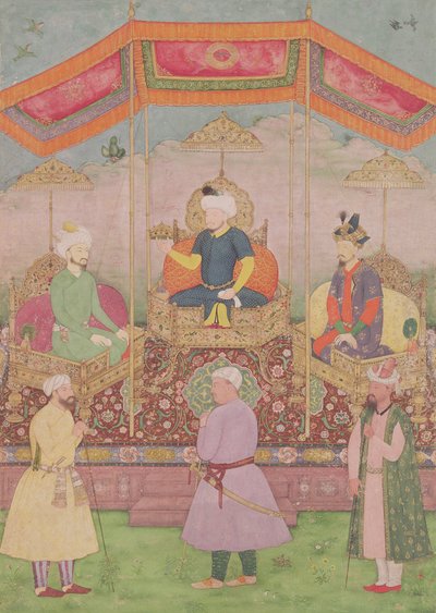 Mogul-Kaiser Babur und sein Sohn Humayun, indische Miniatur aus Rajasthan, 16. Jahrhundert von Dip Chand