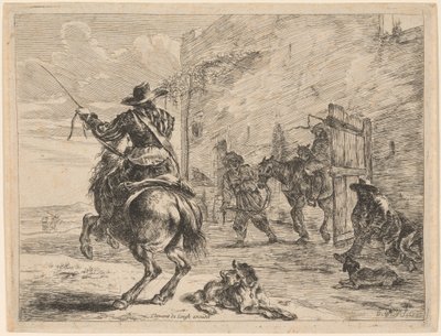 Ein pissendes Pferd an einen Pfosten gebunden von Dirck Stoop