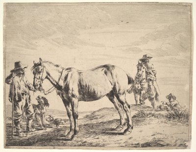 Mann hält ein Pferd am Zügel von Dirck Stoop