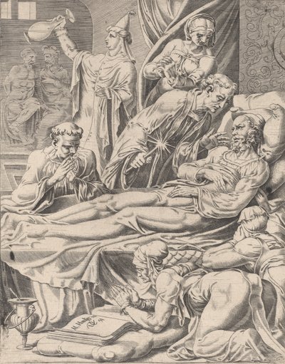 Der reiche Mann auf seinem Sterbebett, aus Das Gleichnis von Lazarus und dem reichen Mann, Platte 2, 1551 von Dirck Volkertsen Coornhert