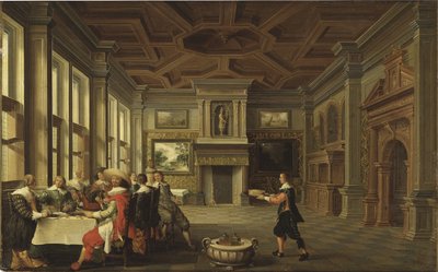 Vornehme Gesellschaft beim Abendessen im Innenraum von Dirck van Delen