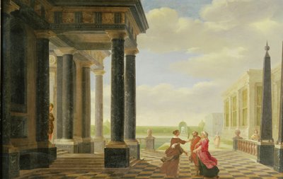 Figuren im Gespräch in einer klassischen Umgebung von Dirck van Delen