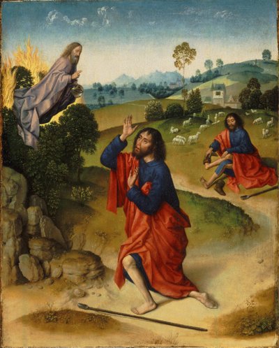 Moses und der brennende Dornbusch, mit Moses, der seine Schuhe auszieht, ca. 1465 von Dirk Bouts