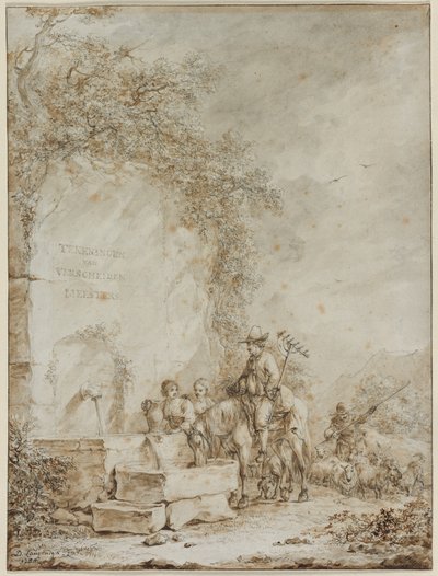 Frontispiz für ein Album von Zeichnungen: Bauern an einem Brunnen (recto) von Dirk Langendijk
