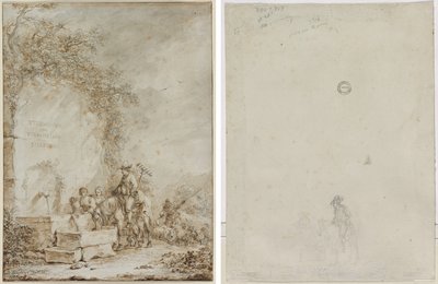 Frontispiz für ein Album von Zeichnungen: Bauern an einem Brunnen (recto) Skizze von Bauern an einem Brunnen (verso) von Dirk Langendijk