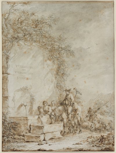 Frontispiz für ein Zeichnungsalbum: Bauern an einem Brunnen, 1784 von Dirk Langendyk