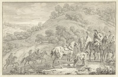 Berglandschaft mit abgestiegenem Reiter und anderen Jägern zu Pferd von Dirk Maas