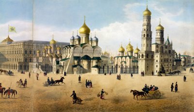 Kathedralen der Verkündigung und des Erzengels, aus einem Panorama von Moskau, graviert von Philippe Benoist und Aubrun von Dmitri Indieitzeff