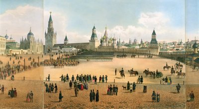 Die Basilius-Kathedrale vom Kreml aus gesehen, aus einem Panorama von Moskau, graviert von Philippe Benoist und Aubrun von Dmitri Indieitzeff