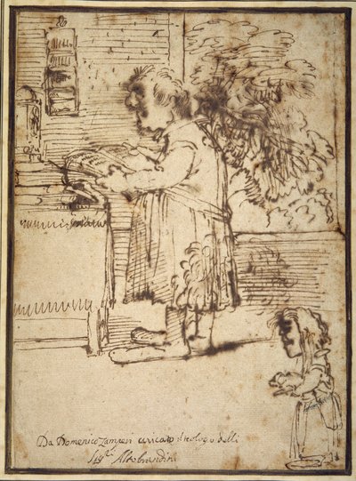 Karikatur des Aldobrandini-Theologen, mit einer weiblichen Zwergin, die ihren Hund hält von Domenichino