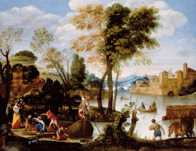 Italienische Flusslandschaft mit stakendem Bootsmann und Frau mit einem Korb Krabben von Domenichino