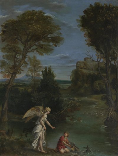 Landschaft mit Tobias, der den Fisch ergreift, um 1612 von Domenichino