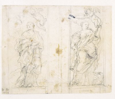 Zwei Nischen mit stehenden Figuren der Heiligen Agatha und Margareta, die von Putti gekrönt werden von Domenichino