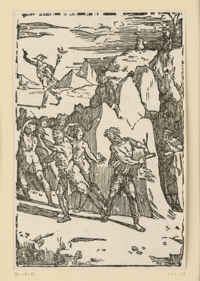 Allegorie der Metallgewinnung. Die Metalle haben das Berginnere verlassen und ergreifen die Flucht, als Vulkan (Hephaistos) sie auffordert, ihm in die Schmiede zu folgen. Aus der Folge "De re metallica". von Domenico Beccafumi