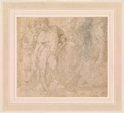 Beccafumi - Stehender männlicher Akt in einer Gruppe von Figuren, eine davon liegend, ca. 1530-1540 von Domenico Beccafumi