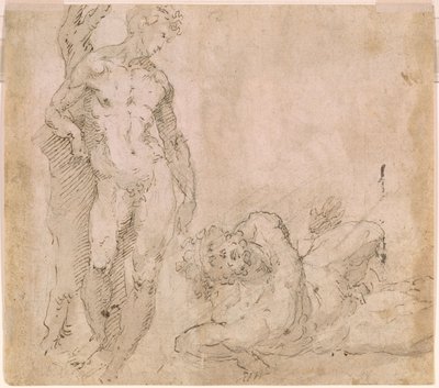 Beccafumi - Verso Männlicher Akt, der sich gegen einen Baumstamm lehnt, und ein liegender männlicher Akt mit zurückgeworfenem Kopf, ca. 1530-1540 von Domenico Beccafumi