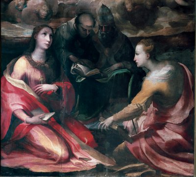 Christus krönt die Jungfrau Maria und vier Heilige, Detail: Heilige Maria Magdalena, Heiliger Antonius von Padua, Papst Gregor I. der Große und Heilige Katharina von Alexandria von Domenico Beccafumi