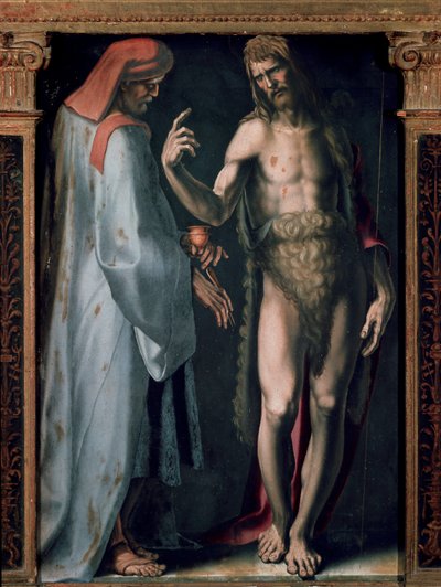 Triptychon der Dreifaltigkeit, Detail linkes Panel: Heiliger Cosimo und Heiliger Johannes der Täufer von Domenico Beccafumi