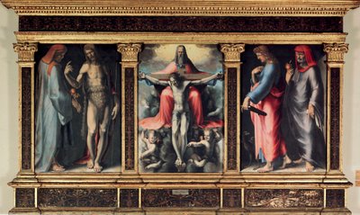 Triptychon der Dreifaltigkeit: Heiliger Cosimo, Johannes der Täufer, die Dreifaltigkeit, Johannes der Evangelist und Heiliger Damian von Domenico Beccafumi