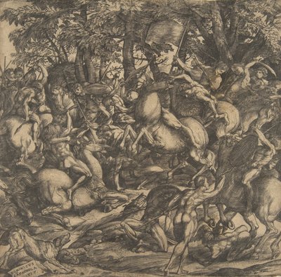 Gruppe nackter Männer im Kampf in einer bewaldeten Landschaft, einige zu Pferd, ein Hund von Domenico Campagnola