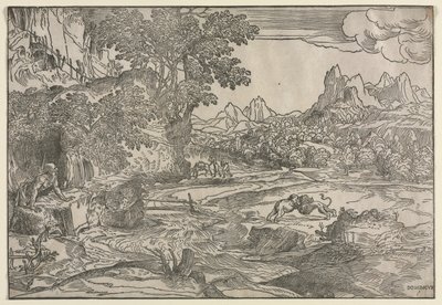 Landschaft mit dem heiligen Hieronymus und zwei Löwen, ca. 1530-35 von Domenico Campagnola